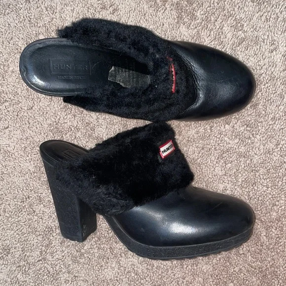 Hunter Bruson Women's Black Leather Shearling Mules Platform Shoes Clogs 9 - Picture 1 of 6
